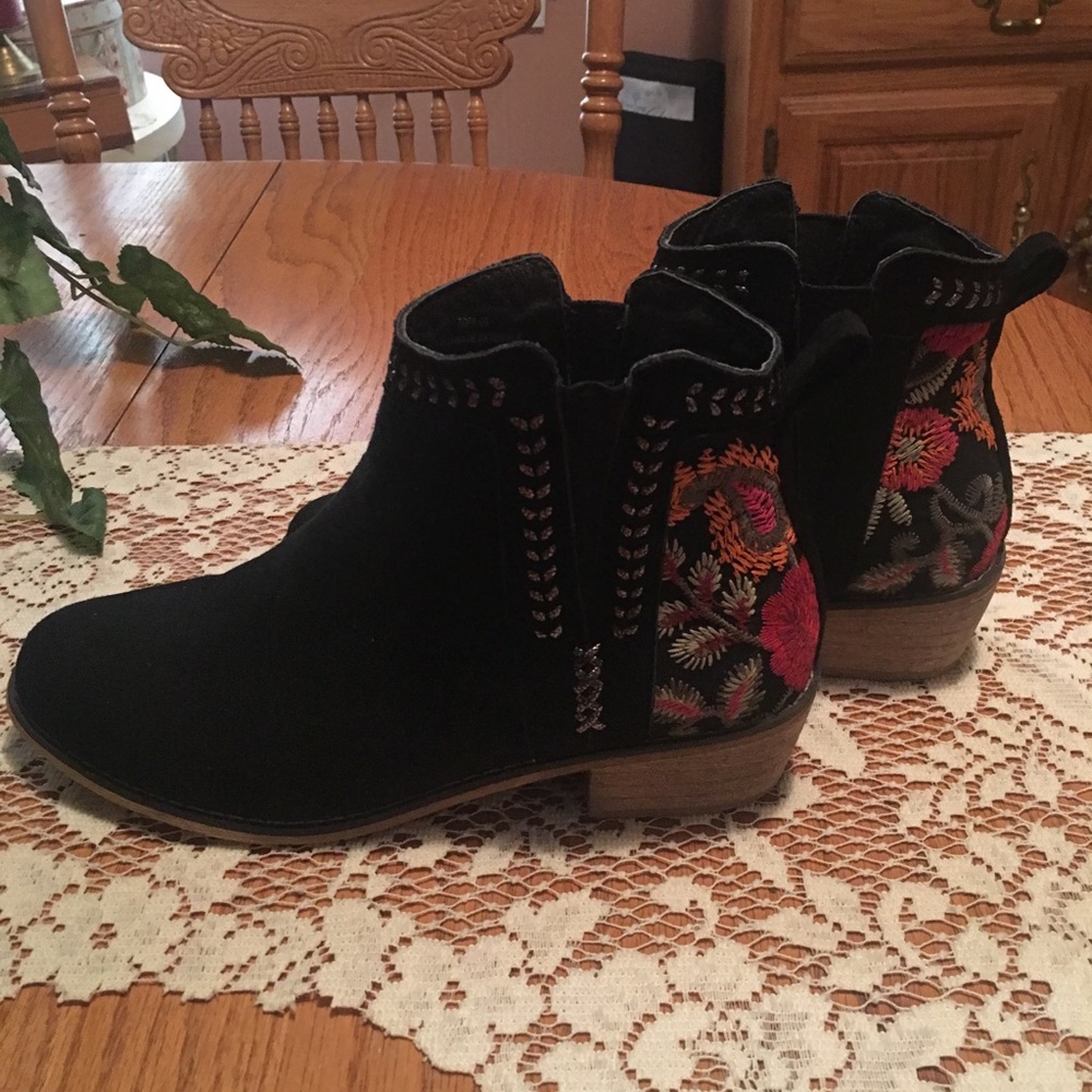 Tiara Suede Floral Embroidered Booties, Low Heel